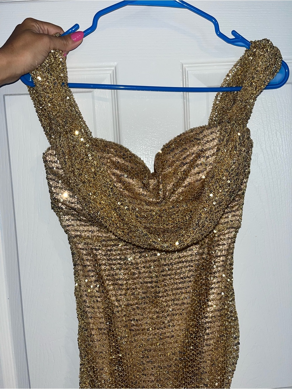 Gold Sequin Strapless Evening Dress with Draped Cowl Neck (XS)